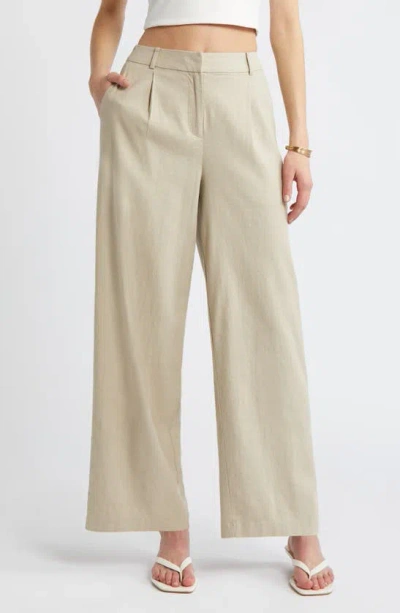 Open Edit Wide Leg Linen Blend Pants In Tan Oxford