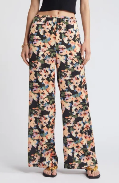 Open Edit Wide Leg Satin Pants In Black Multi Highlight Floral