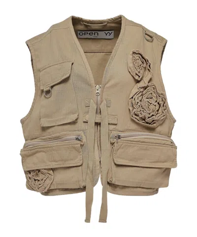 Open Yy Applique Work Vest In Brown