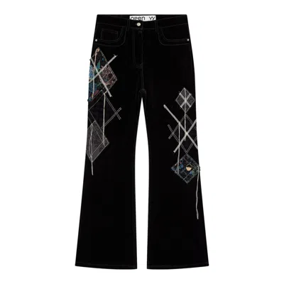 Open Yy Argyle Patched Bootscut Pants In Black