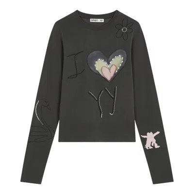 Open Yy Beaded I Love Yy Tee In Gray