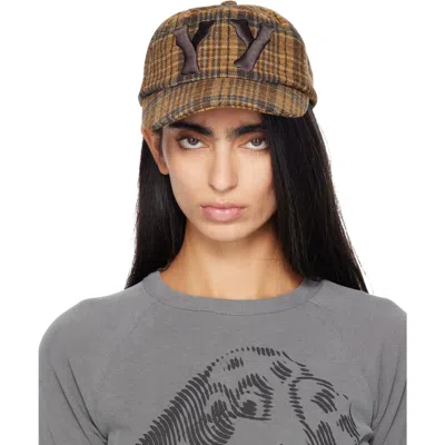 Open Yy Beige & Brown 'yy' Checkered Heart Bone Ball Cap In Mustard