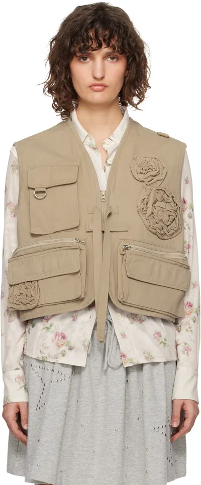 Open Yy Beige Appliqué Cargo Vest