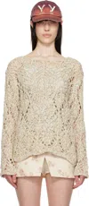 Open Yy Beige Cotton Argyle Pointelle Pullover Sweater In Beige