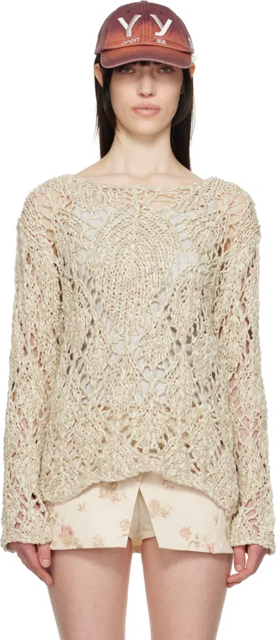 Open Yy Beige Cotton Argyle Pointelle Pullover Sweater