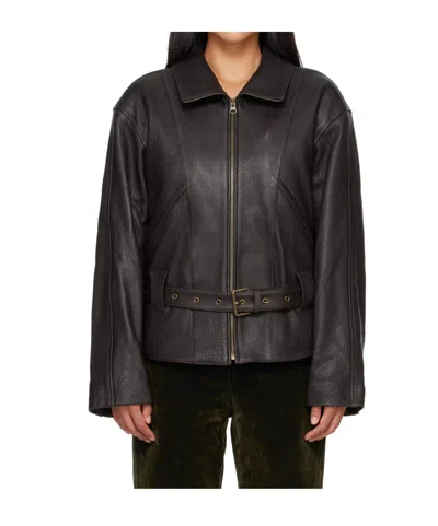 Open Yy Belted Leather Jacket In Brown