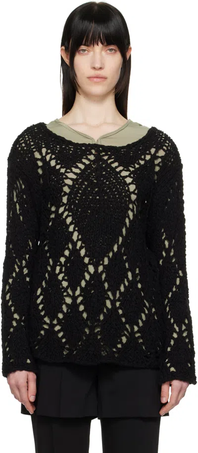 Open Yy Black Cotton Argyle Pointelle Pullover Sweater