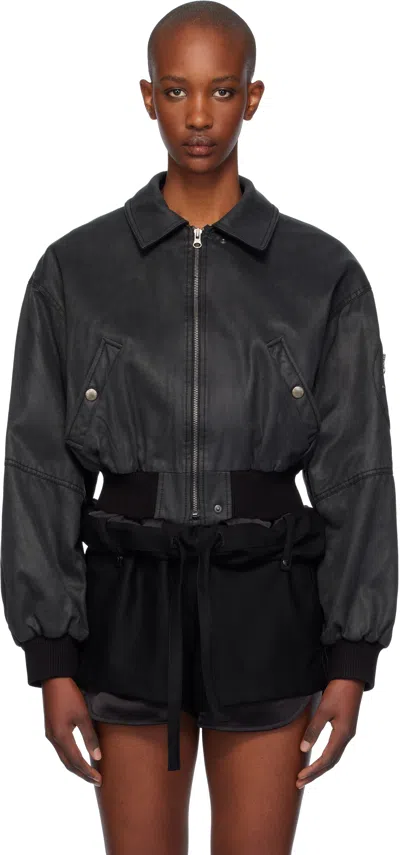 Open Yy Black Paper Like Crop Bomber Jacket