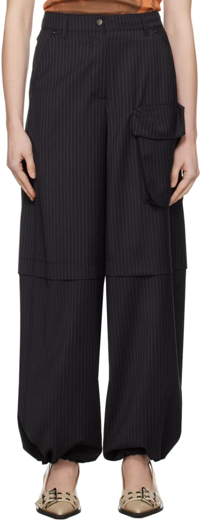 Open Yy Black Pinstripe Pants In Navy