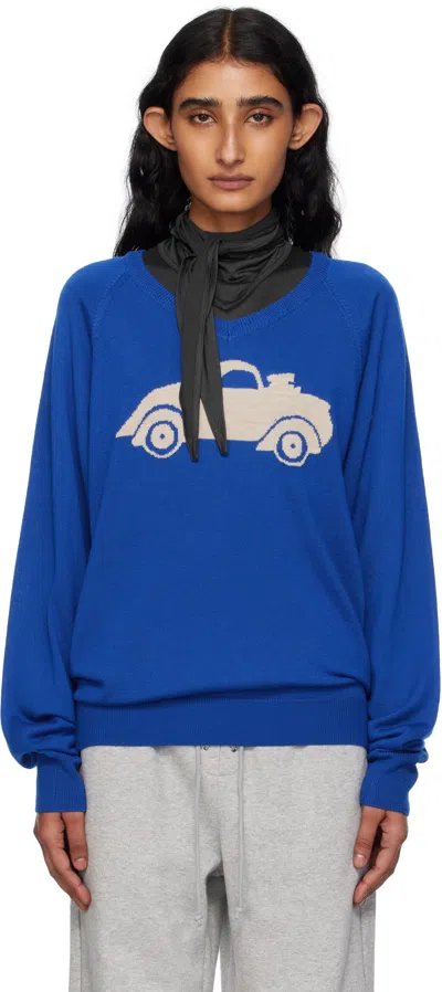 Open Yy Blue Car Graphic Knit Sweater