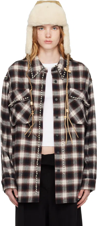 Open Yy Brown & White Beaded Pocket Shirt In Multi