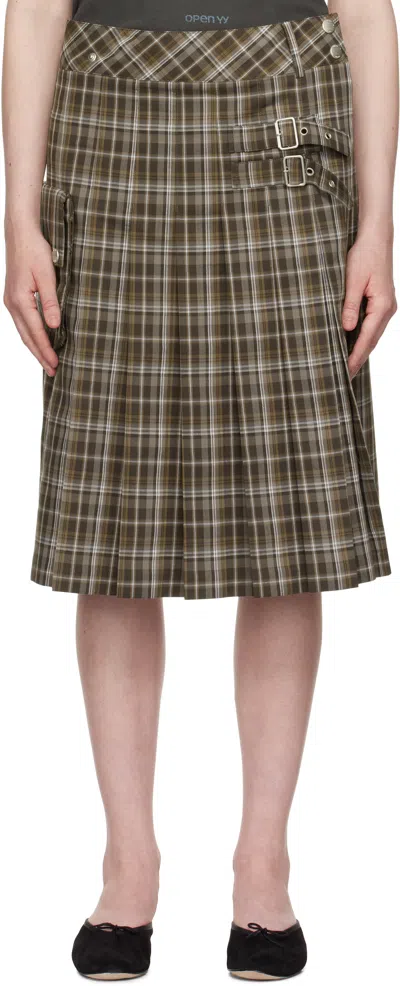 Open Yy Brown Check Cargo Pocket Kilt Midi Skirt