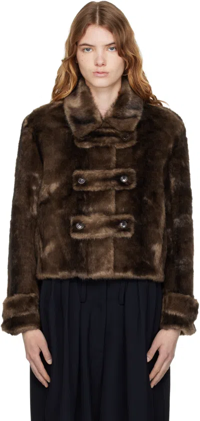 Open Yy Brown Faux Fur Tab Toggle Jacket In Animal Print