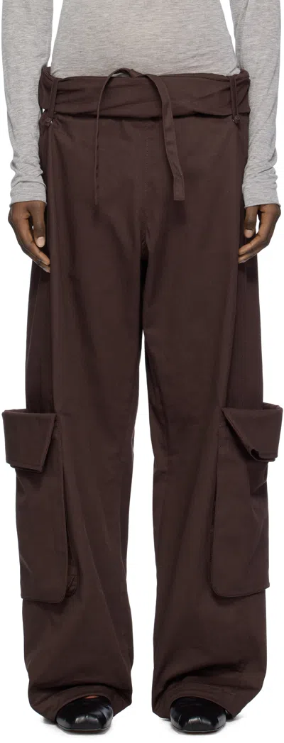 Open Yy Brown Rolled Waist Cargo Pants In Burgundy