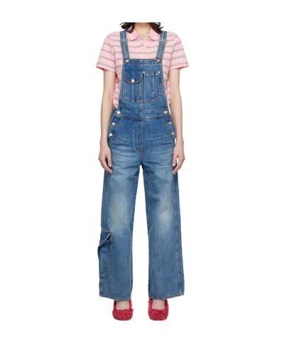 Open Yy Cargo Pocket Denim Overalls In Blue