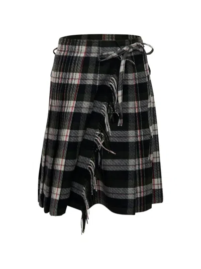 Open Yy Check-pattern Fringed Skirt In 블랙