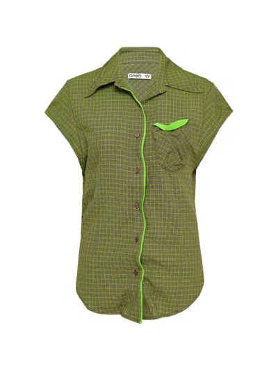Open Yy Check-print Cap-sleeve Shirt In Green
