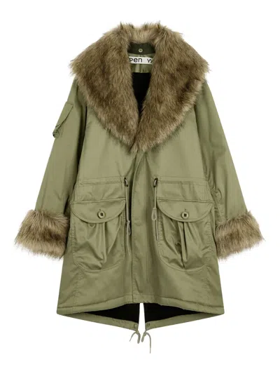 Open Yy Collar-texture Parka In Green