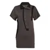 Open Yy Curved Button-panel Polo Top In Brown