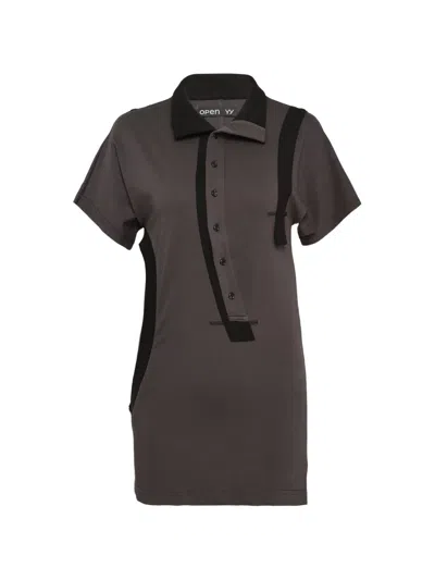 Open Yy Curved Button-panel Polo Top In Gray