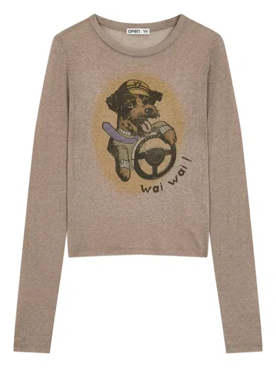 Open Yy Dog-print Long-sleeved T-shirt In Brown
