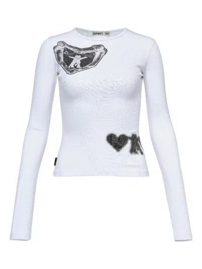 Open Yy Graphic-print Long-sleeve Top In White