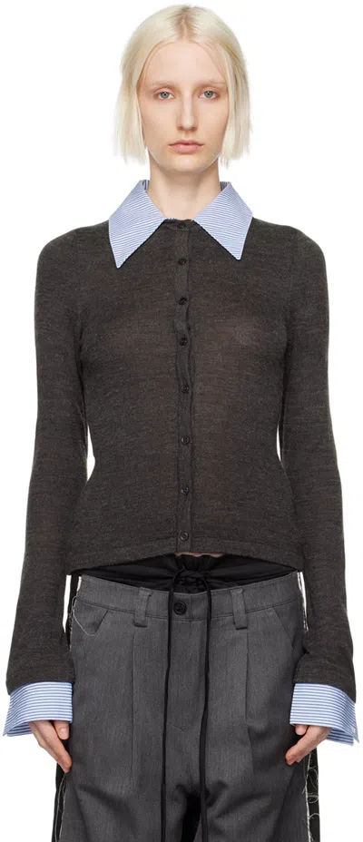 Open Yy Gray Cotton Collar Cuffs Cardigan In Charcoal