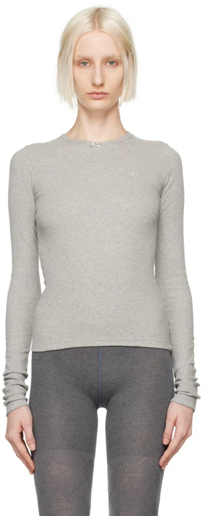 Open Yy Gray Picot Trim Fitted Long Sleeve T-shirt In Grey