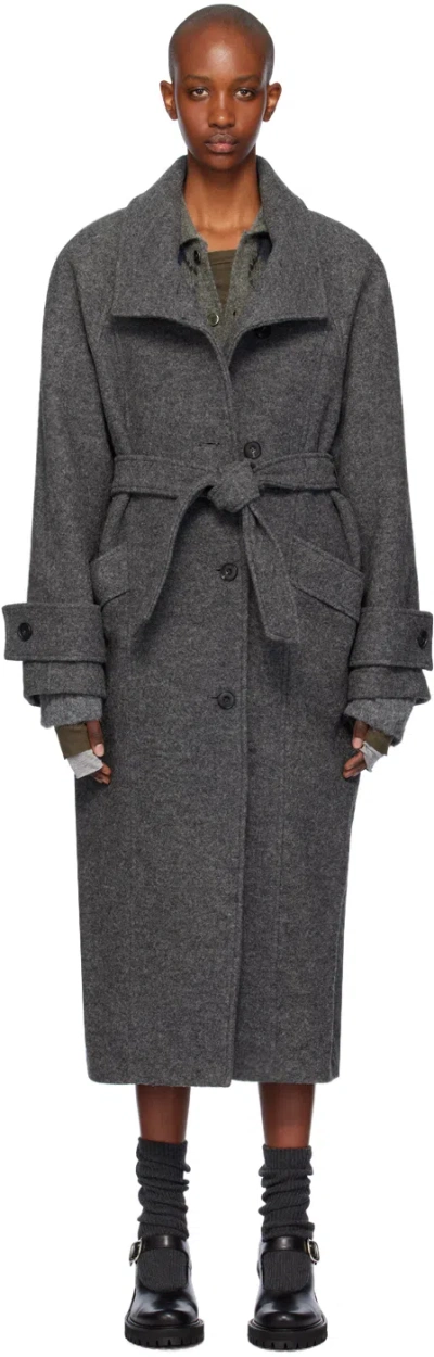 Open Yy Gray Wool High-neck Cocoon Coat In Grey