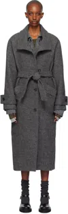 Open Yy Gray Wool High-neck Cocoon Coat In Grey