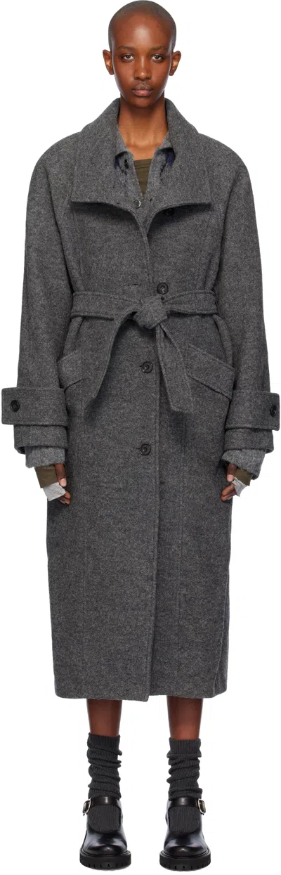 Open Yy Gray Wool High-neck Cocoon Coat In Grey