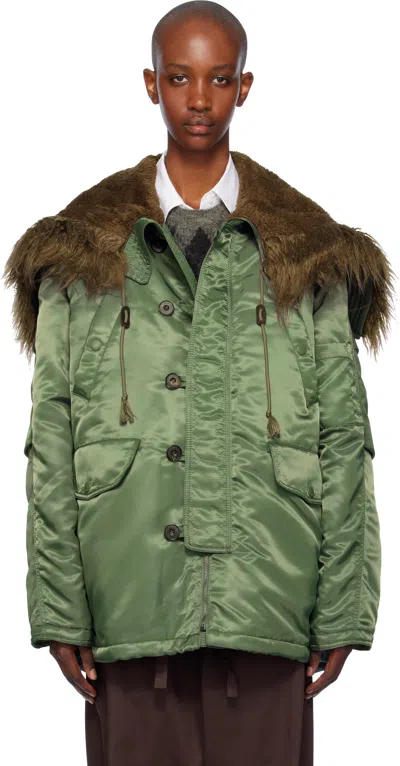 Open Yy Green Oversized Faux-fur Hood Puffer Jacket In Khaki