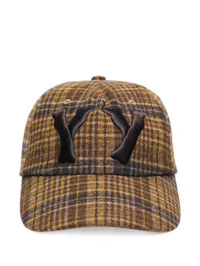 Open Yy Heart Bone Check-pattern Embroidered-logo Baseball Cap In Brown