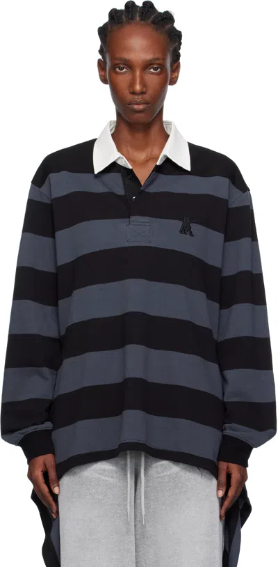 Open Yy Navy Stripe Trim Rugby Polo In Blue