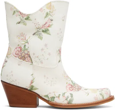 Open Yy Off-white Floral Western Mid Calf Boots