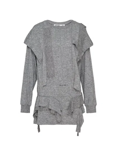 Open Yy Raw-cut Ruffled Top In Gray