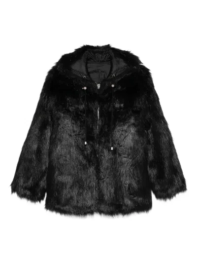 Open Yy Reversible Faux Fur Hooded Jacket In Black