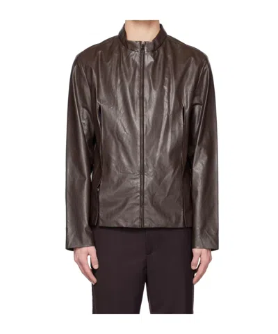 Open Yy Slit Faux Leather Jacket In Brown