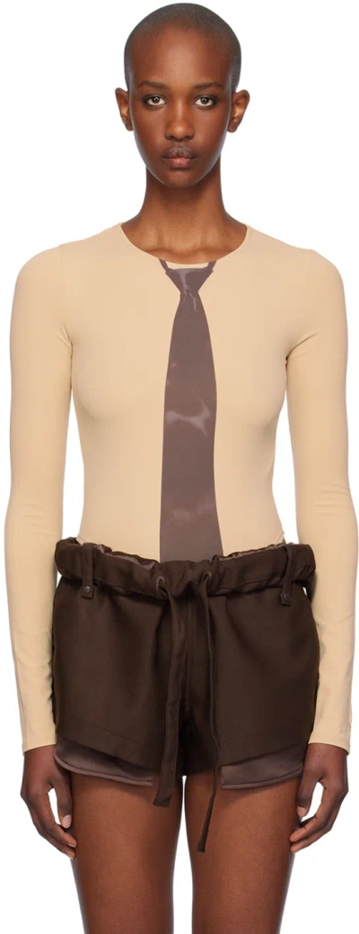 Open Yy Tan Necktie Bodysuit In Beige