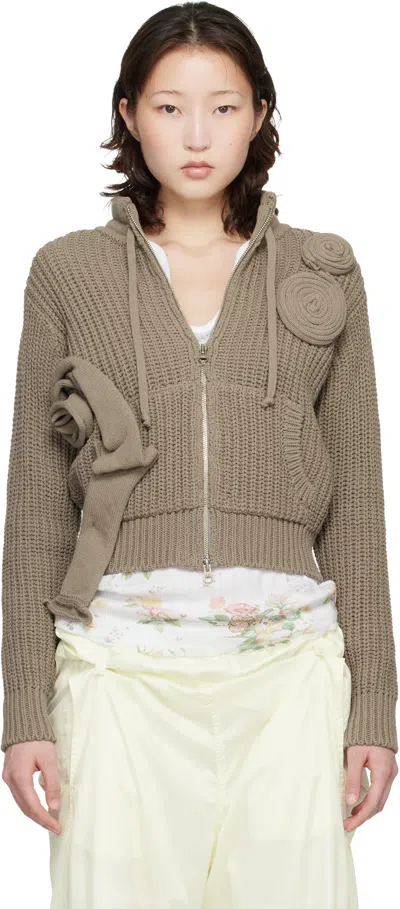 Open Yy Taupe Applique Knit Zipup Sweater In Brown