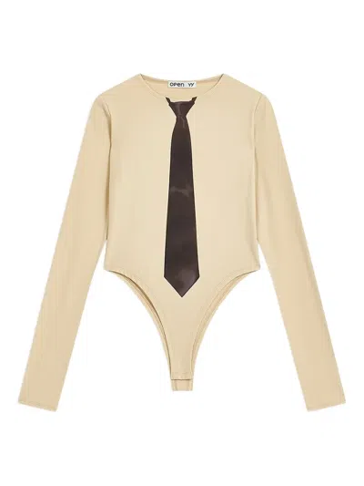 Open Yy Tie-print Bodysuit In Neutral