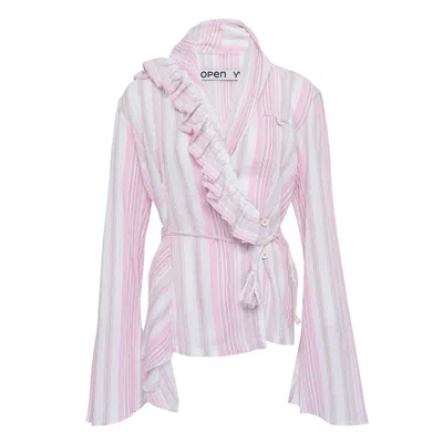 Open Yy Unbalanced Ruffle Stripe Blouse In Pink