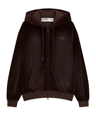 Open Yy Velour Box Hoodie In Brown