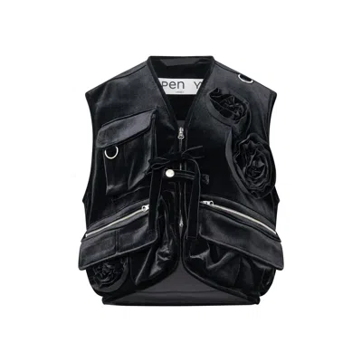 Open Yy Velvet Appliqué Cargo Vest In Black