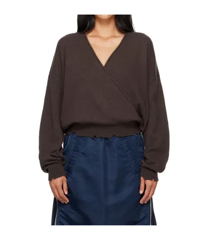 Open Yy Wool-blend Crossover Wrap-style Knit Sweater In Brown