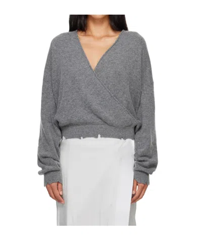 Open Yy Wool-blend Crossover Wrap-style Knit Sweater In Gray