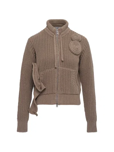Open Yy Applique Knit Zipup Jacket In Brown