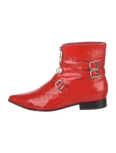 Pre-owned Opening Ceremony Faux Pearl Accents Patent Leather Moto Boots In Red