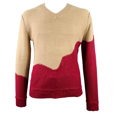 Pre-owned Opening Ceremony Rodarte For  Size L Beige Red Knit Linen V-neck Sweater