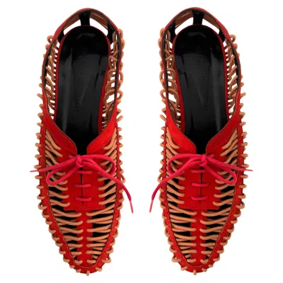 Pre-owned Opening Ceremony Shoes - Red Suede & Tan Elastic - Wooden Heels - Eu 39 / Uk 6